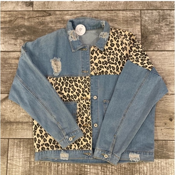 Jackets & Blazers - Destroyed Denim and leopard Jean jacket.